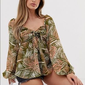 ASOS Tie Front Leaf Print Top